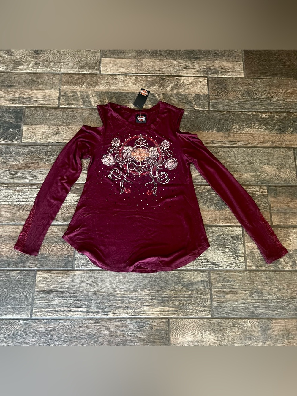 Harley Davidson long sleeve t-shirt with rhinestones roses